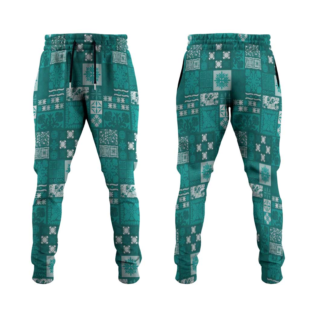 Vintage Hawaiian Quilting Patterns Jogger Pants Turquoise Style Tribal Fabric Patchwork LT9 Turquoise - Polynesian Pride
