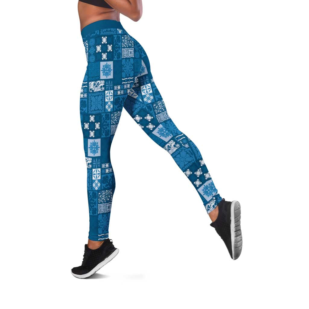 Vintage Hawaiian Quilting Patterns Leggings Blue Style Tribal Fabric Patchwork LT9 Blue - Polynesian Pride