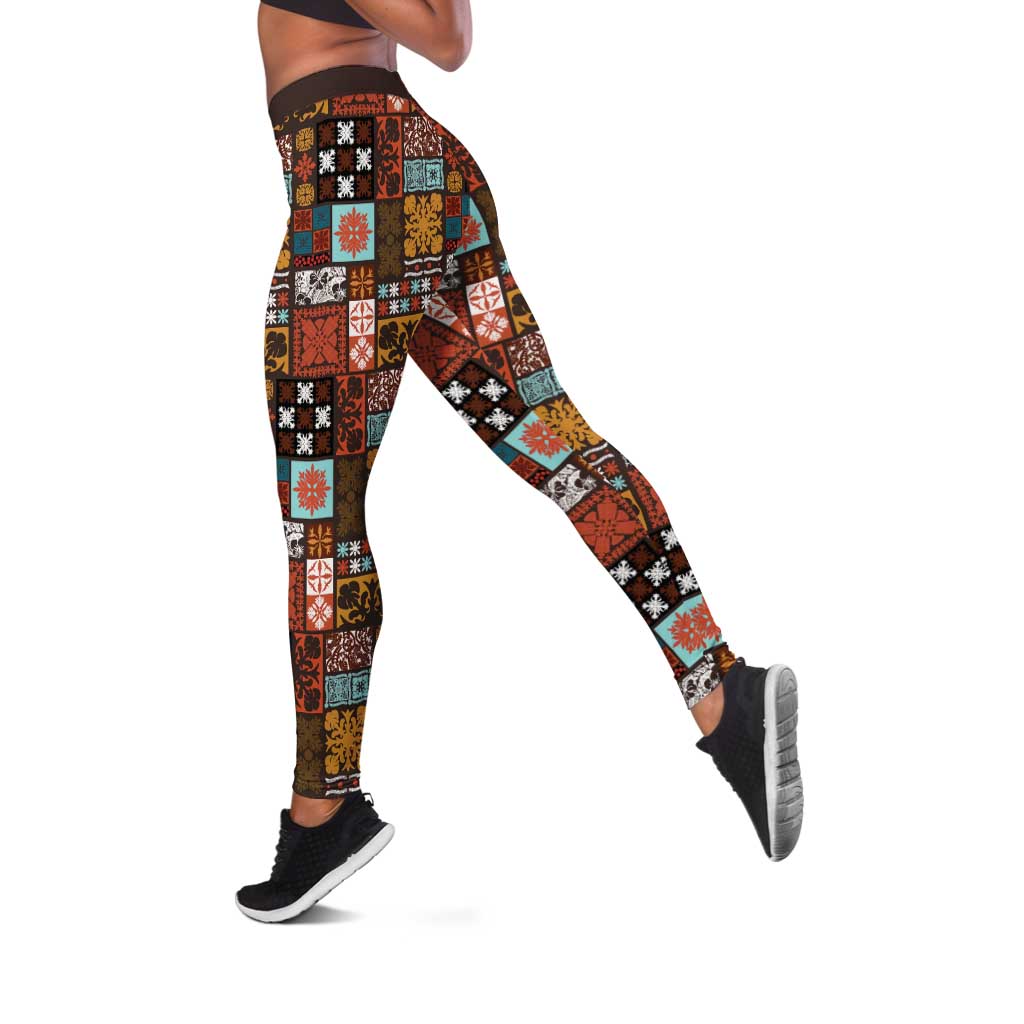 Vintage Hawaiian Quilting Patterns Leggings Brown Style Tribal Fabric Patchwork LT9 Brown - Polynesian Pride