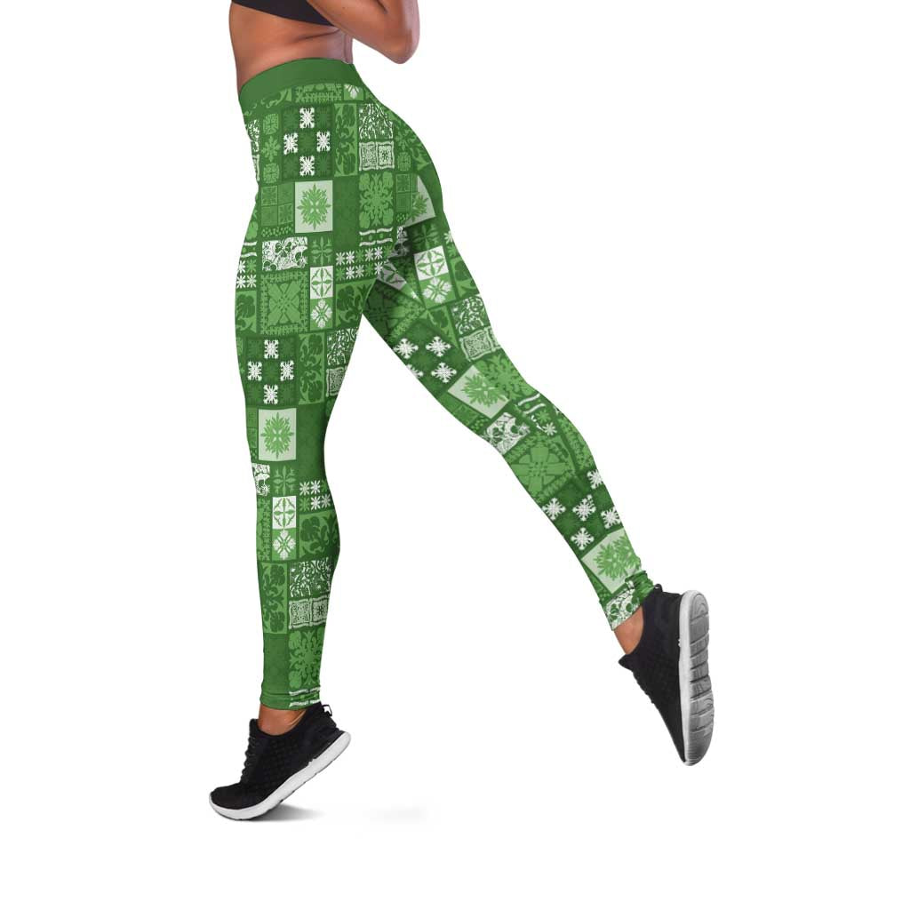 Vintage Hawaiian Quilting Patterns Leggings Green Style Tribal Fabric Patchwork LT9 Green - Polynesian Pride