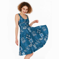 Vintage Hawaiian Quilting Patterns Midi Dress Blue Style Tribal Fabric Patchwork LT9 - Polynesian Pride