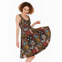 Vintage Hawaiian Quilting Patterns Midi Dress Brown Style Tribal Fabric Patchwork LT9 - Polynesian Pride