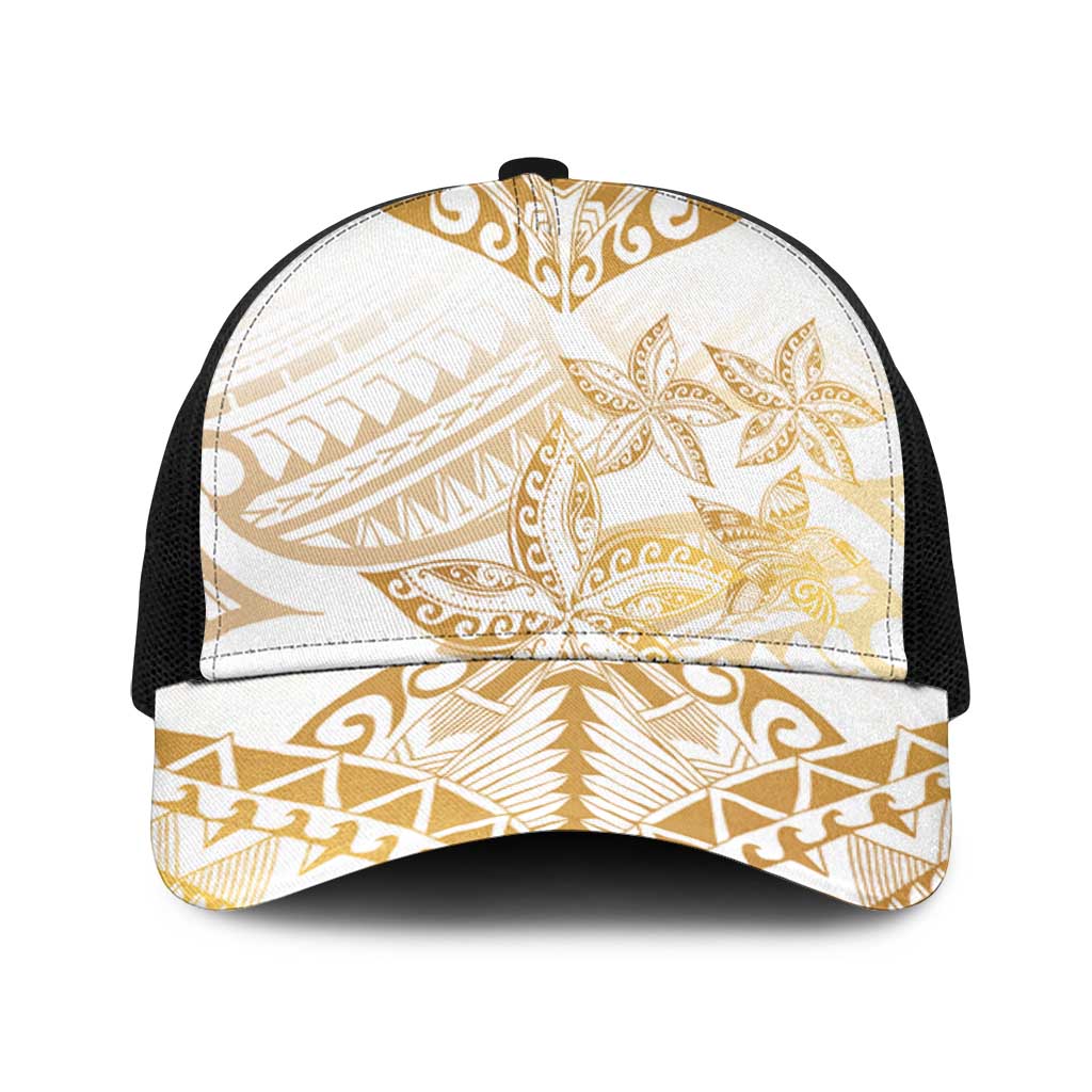 White and Gold Polynesia Mesh Trucker Cap Plumeria Tattoo With Polynesian Pattern LT14 One Size Black White - Polynesian Pride
