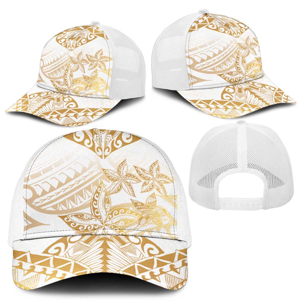 White and Gold Polynesia Mesh Trucker Cap Plumeria Tattoo With Polynesian Pattern LT14 - Polynesian Pride