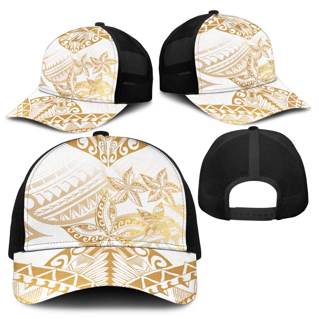 White and Gold Polynesia Mesh Trucker Cap Plumeria Tattoo With Polynesian Pattern LT14 - Polynesian Pride