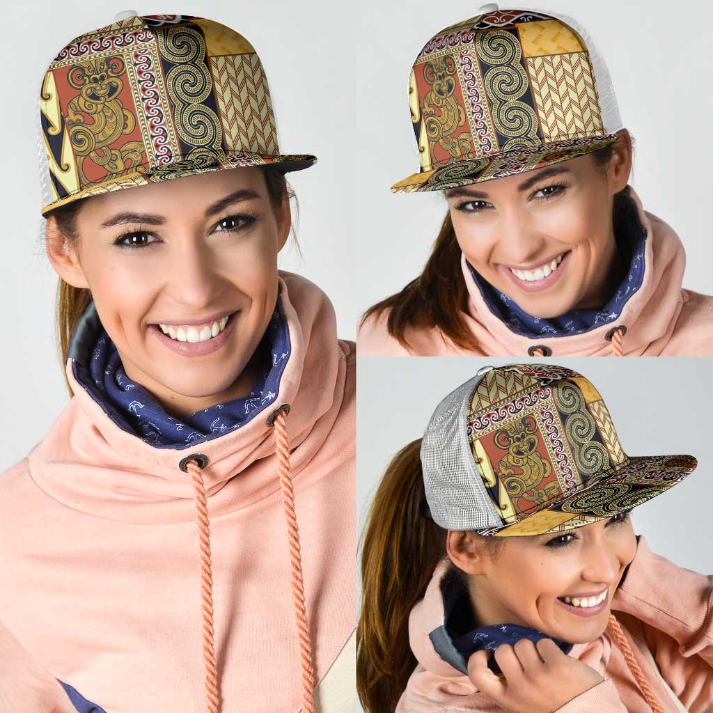 Yellow Aotearoa Kowhaiwhai Pattern Mesh Trucker Cap NZ Maori Quilt Style LT14 - Polynesian Pride
