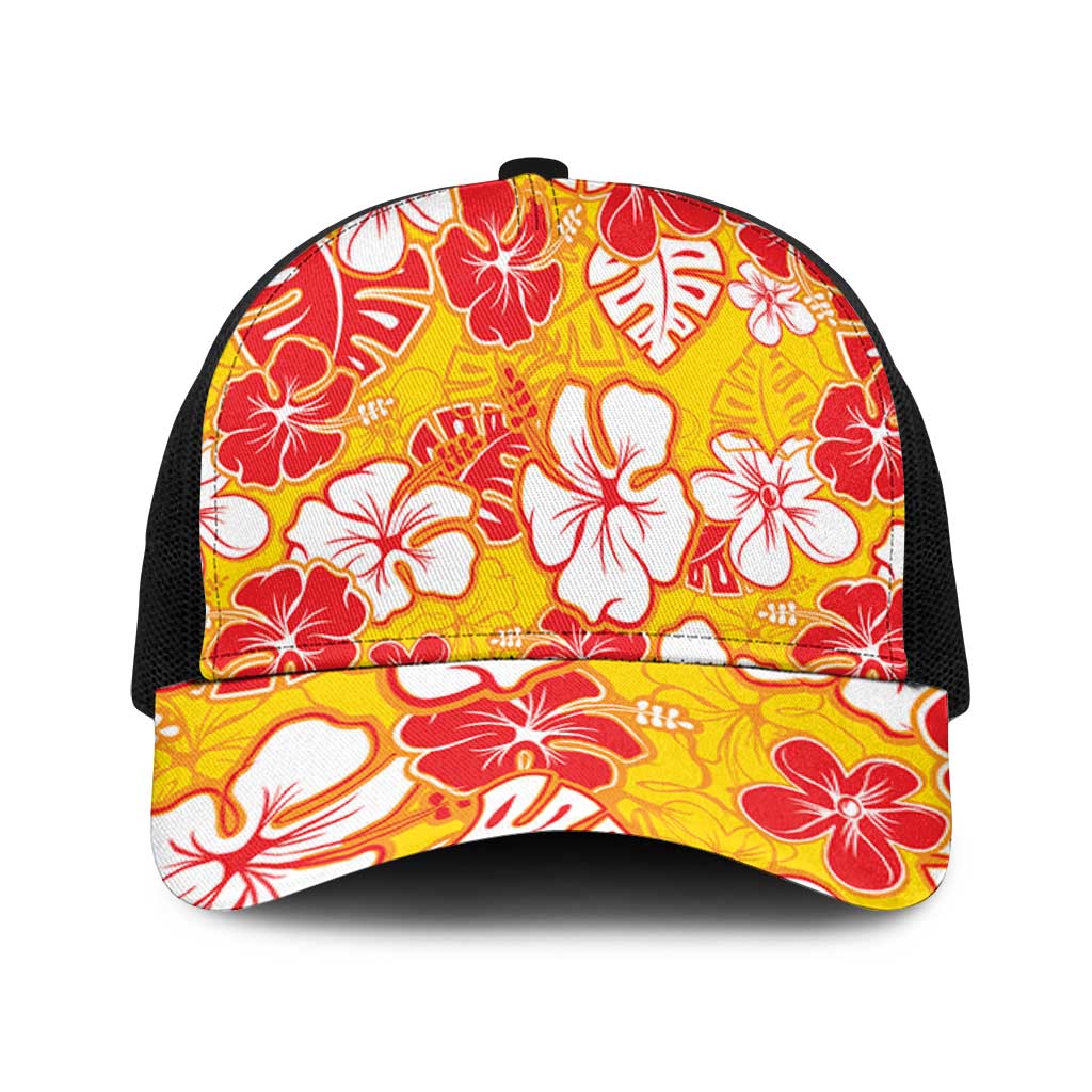 Yellow Hawaii Hibiscus Baseball Net Cap Tropical Flowers Seamless Pattern LT14 One Size Black Yellow - Polynesian Pride