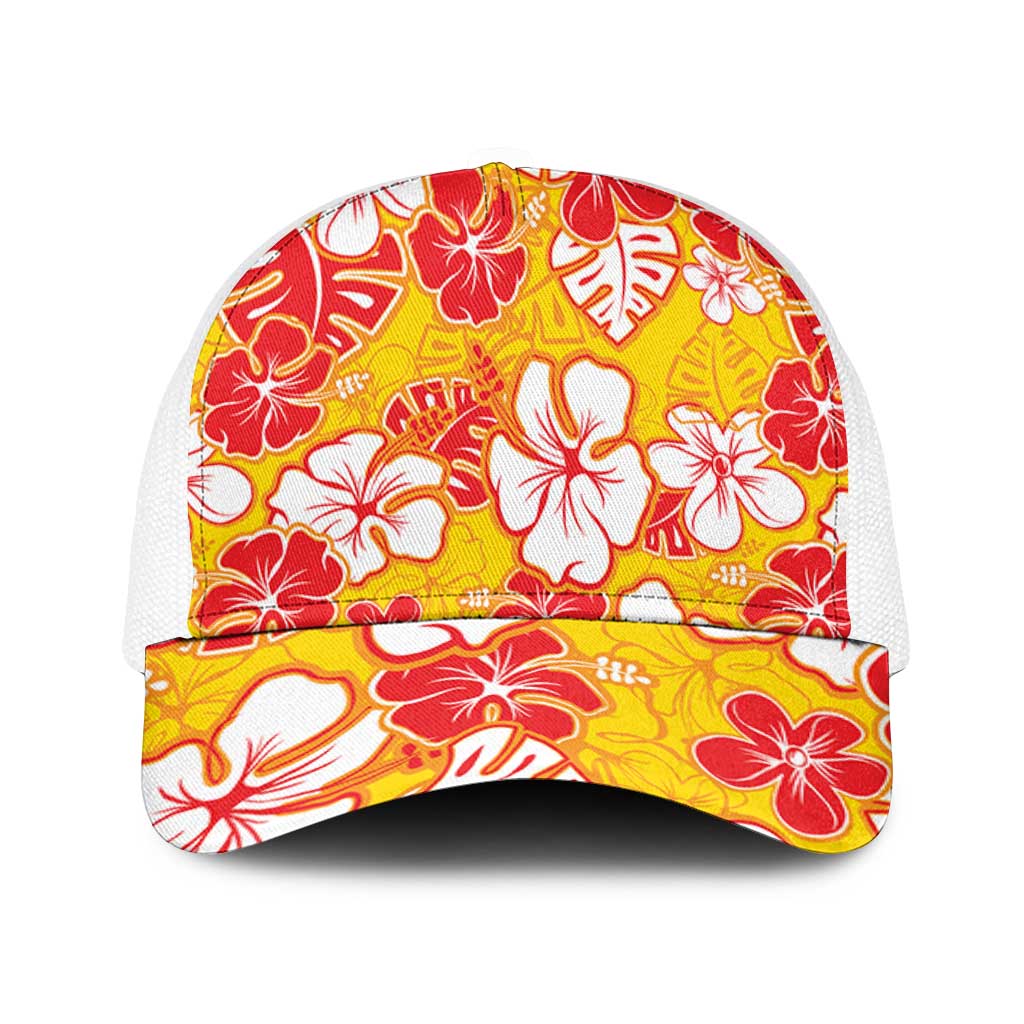 Yellow Hawaii Hibiscus Baseball Net Cap Tropical Flowers Seamless Pattern LT14 One Size White Yellow - Polynesian Pride