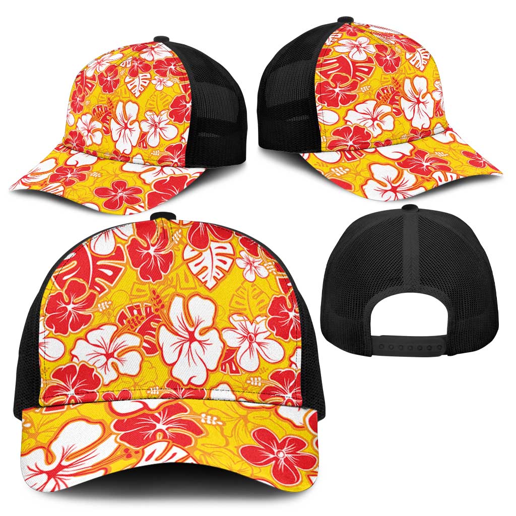 Yellow Hawaii Hibiscus Mesh Trucker Cap Tropical Flowers Seamless Pattern LT14 - Polynesian Pride
