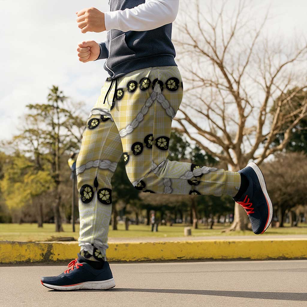 Yellow Palaka Hawaii Jogger Pants Kukui Nut Pikake Lei Hawaiian Tapa Pattern LT14 - Polynesian Pride