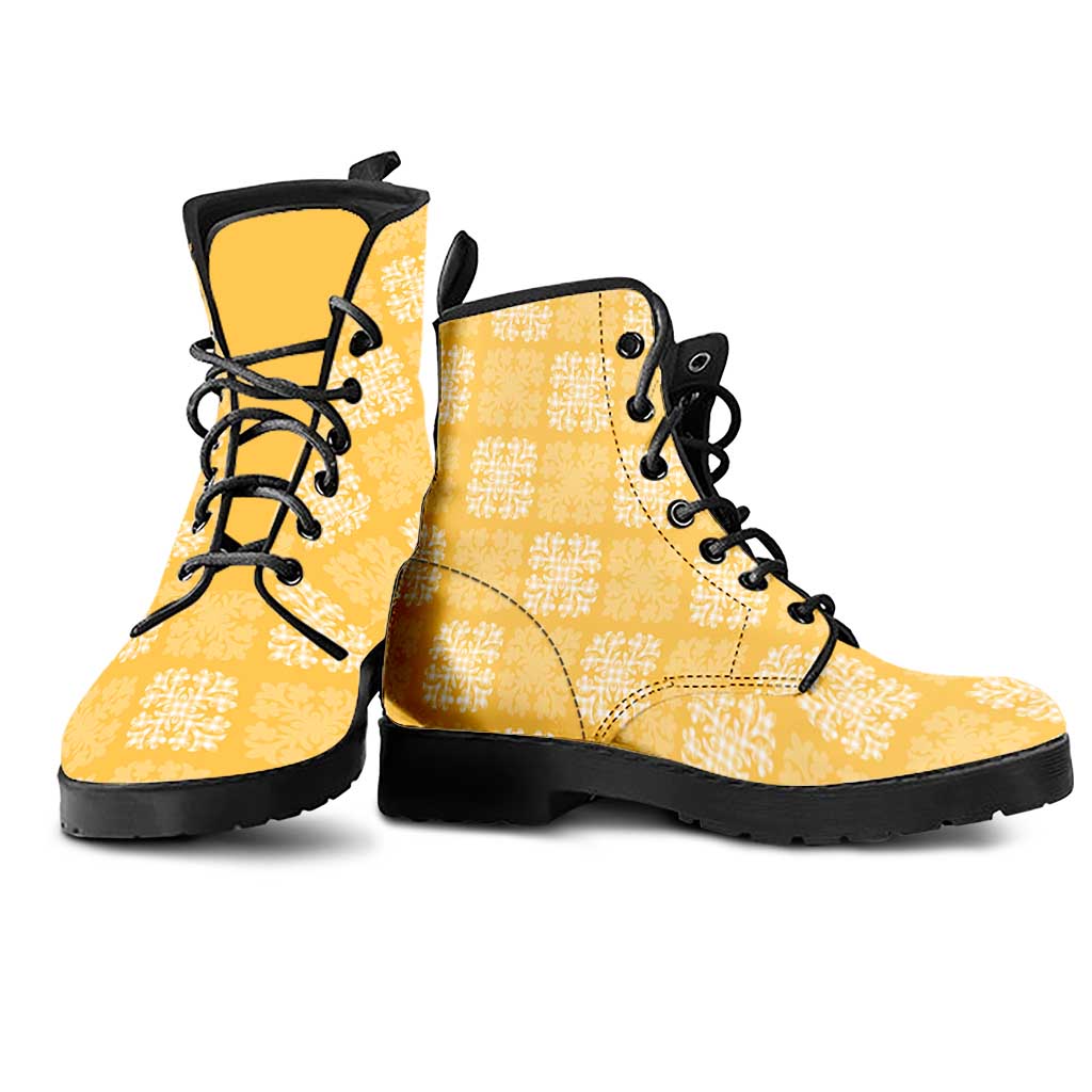 Yellow Palaka Quilt Hawaii Leather Boots Traditional Hawaii-plaid Pattern LT14 - Polynesian Pride
