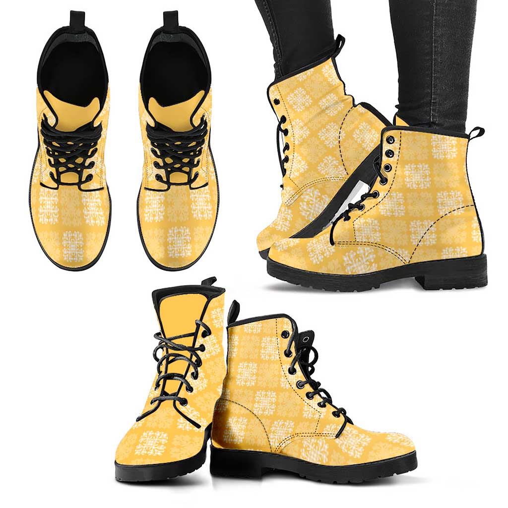 Yellow Palaka Quilt Hawaii Leather Boots Traditional Hawaii-plaid Pattern LT14 - Polynesian Pride