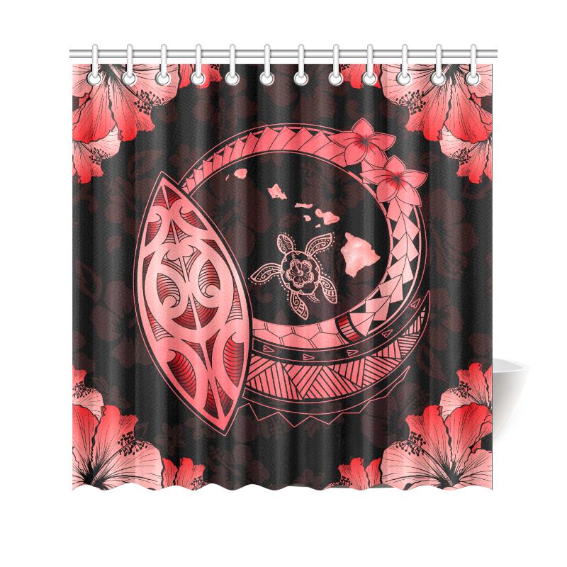 Hawaii Hibiscus Map Hidden Polynesian Red Turtle Shower Curtain 177 x 172 (cm) Red - Polynesian Pride