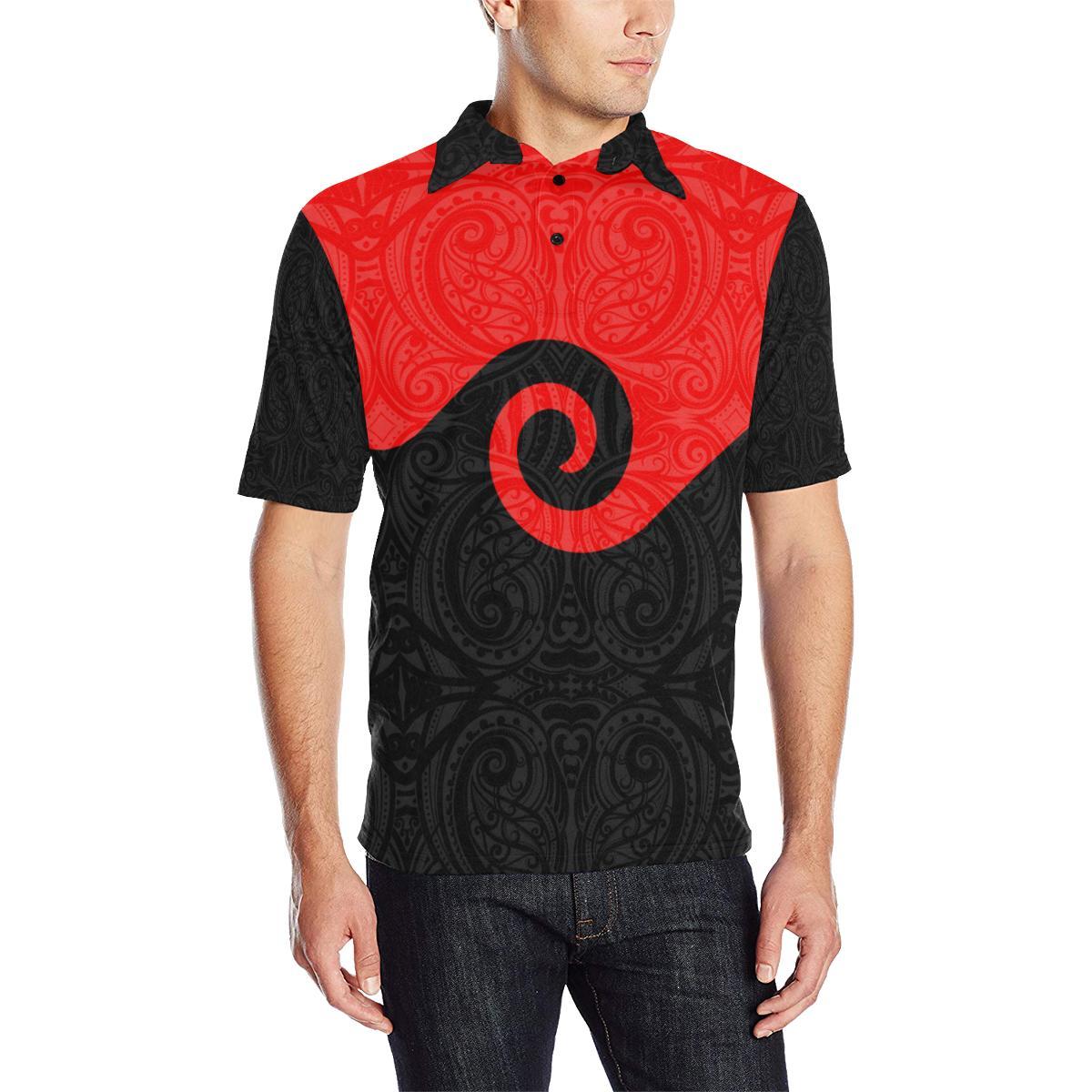 Maori Black and Red Polo T Shirt Unisex Black - Polynesian Pride