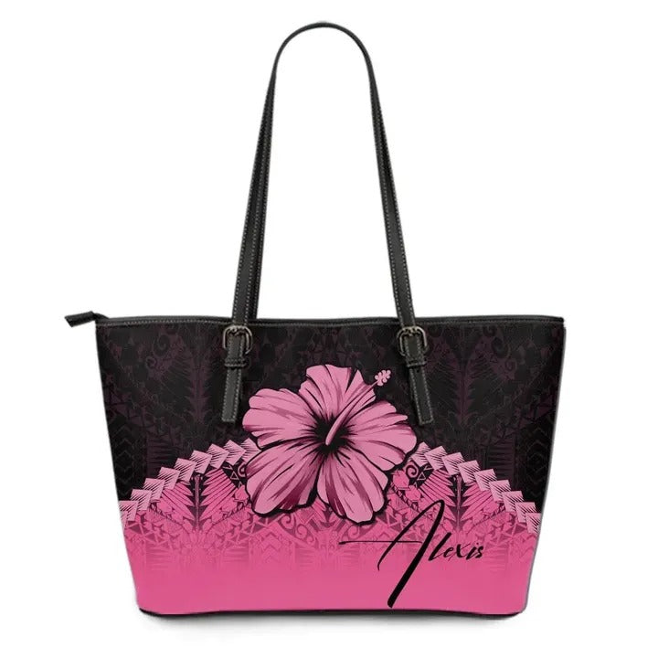 (Custom Personalised) Polynesian Leather Tote Bag Hibiscus Personal Signature Pink - Polynesian Pride