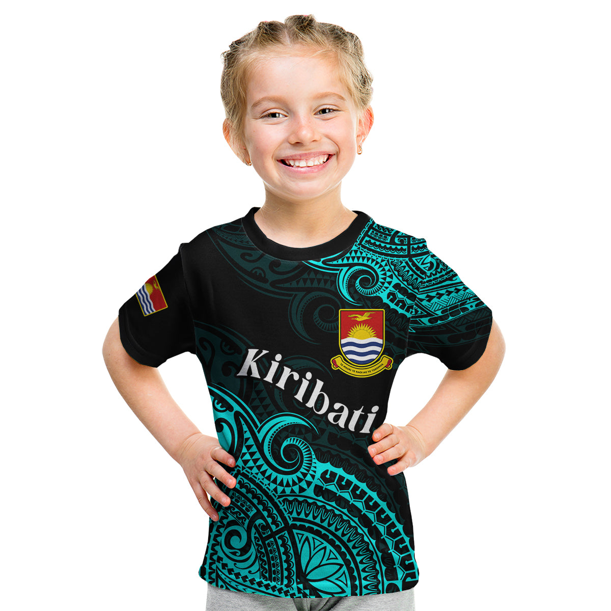 (Custom Personalised) Ribaberiki Kiribati Coat Of Arms Mix Cyan Polynesian Kid T Shirt LT14 - Polynesian Pride