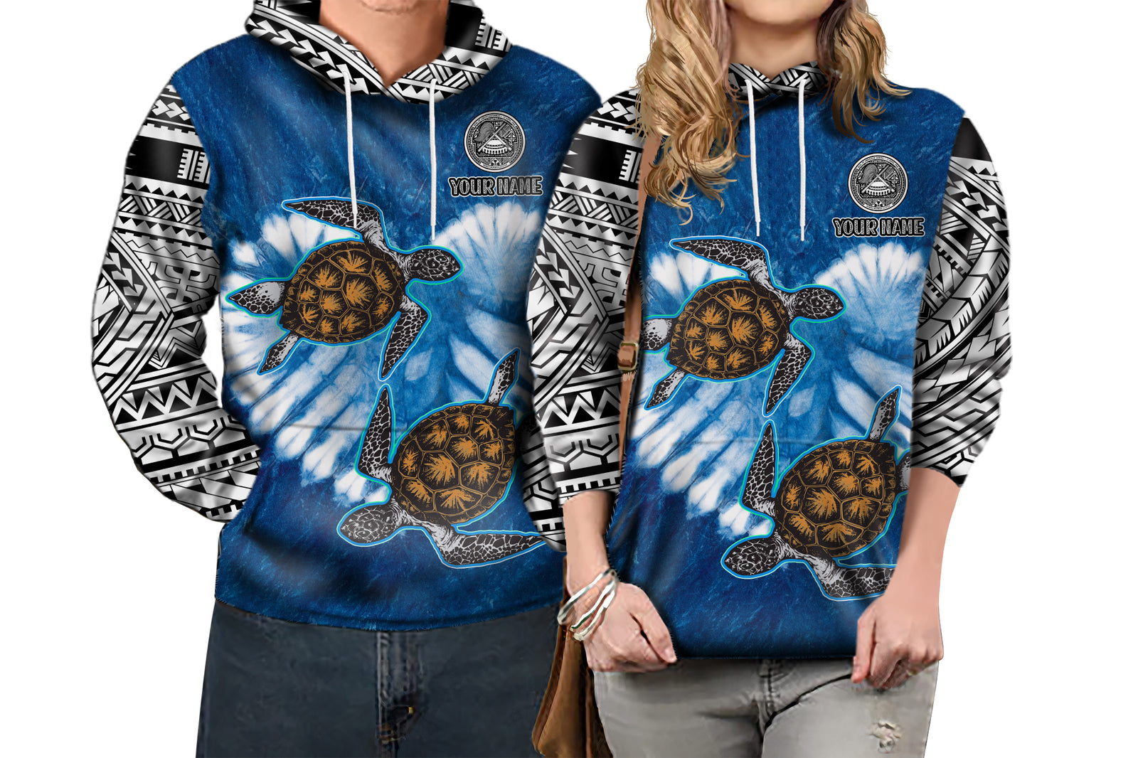 Custom American Samoa Hoodie Couple Polynesian Turtles Valentine HUSBand and WIFE Tie Dye Blue LT13 6XL - Polynesian Pride