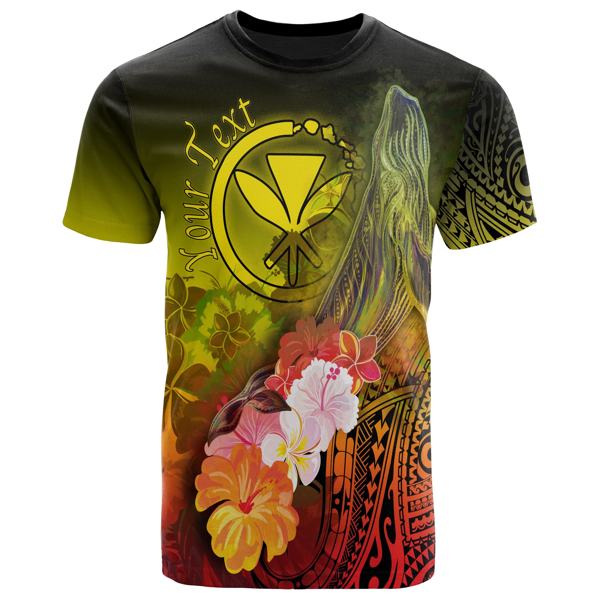 Polynesian Hawaii Custom T Shirts Kanaka Maoli Humpback Whale with Tropical Flowers (Yellow) Unisex Yellow - Polynesian Pride