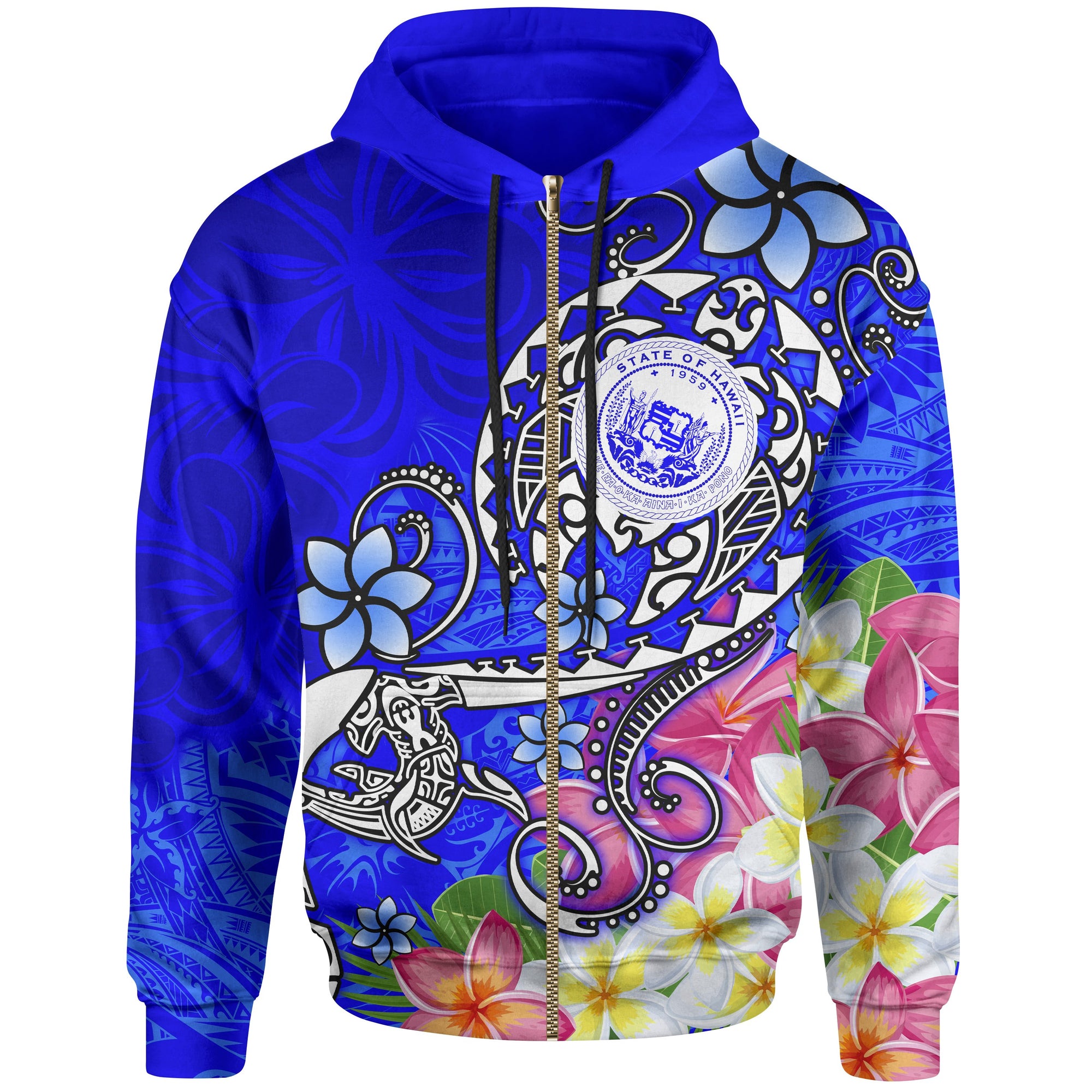 Hawaii Polynesian Zip up Hoodie Hawaii Seal With Turtle Plumeria (Blue) Unisex Blue - Polynesian Pride