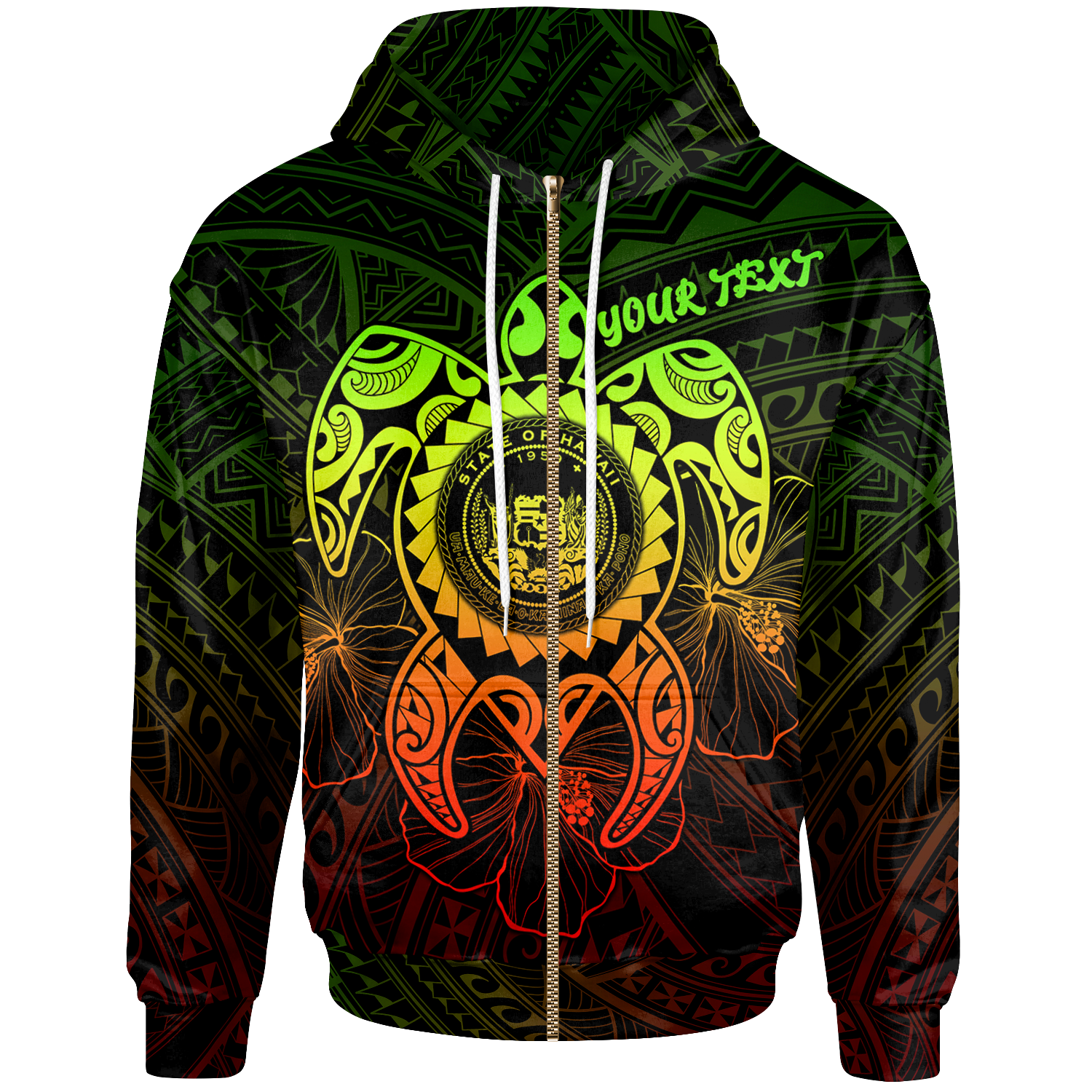 Hawaii Polynesian Custom Zip up Hoodie Vintage Polynesian Turtle (Reggae) Unisex Reggae - Polynesian Pride