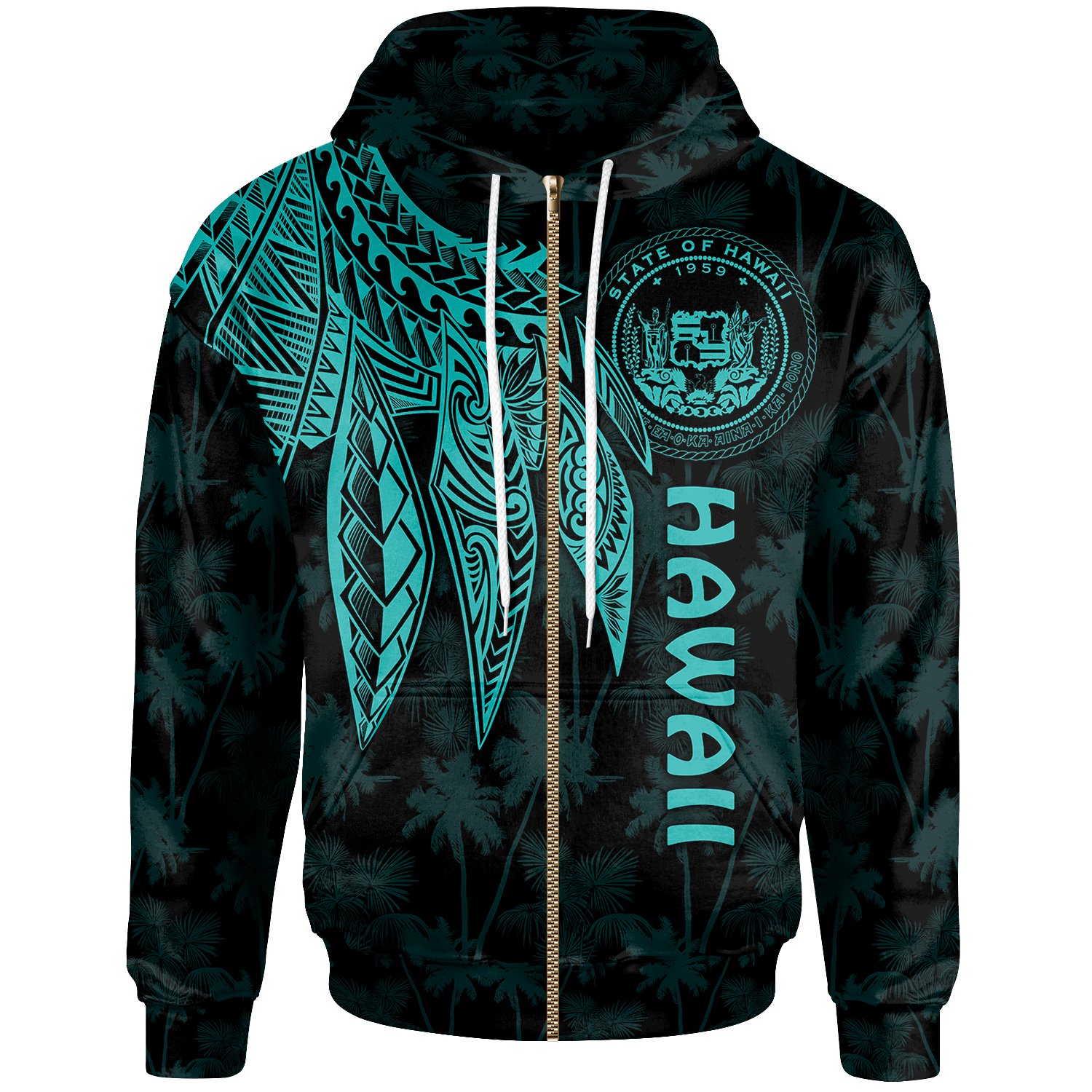 Polynesian Hawaii Zip up Hoodie Polynesian Wings (Turquoise) Unisex Turquoise - Polynesian Pride