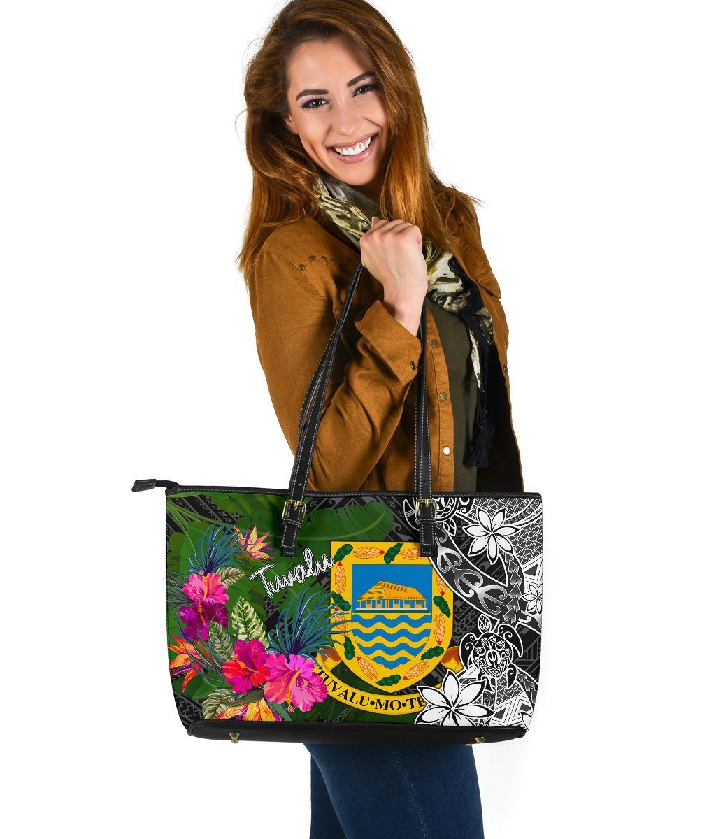 Tuvalu Large Leather Tote Bag - Turtle Plumeria Banana Leaf Black - Polynesian Pride