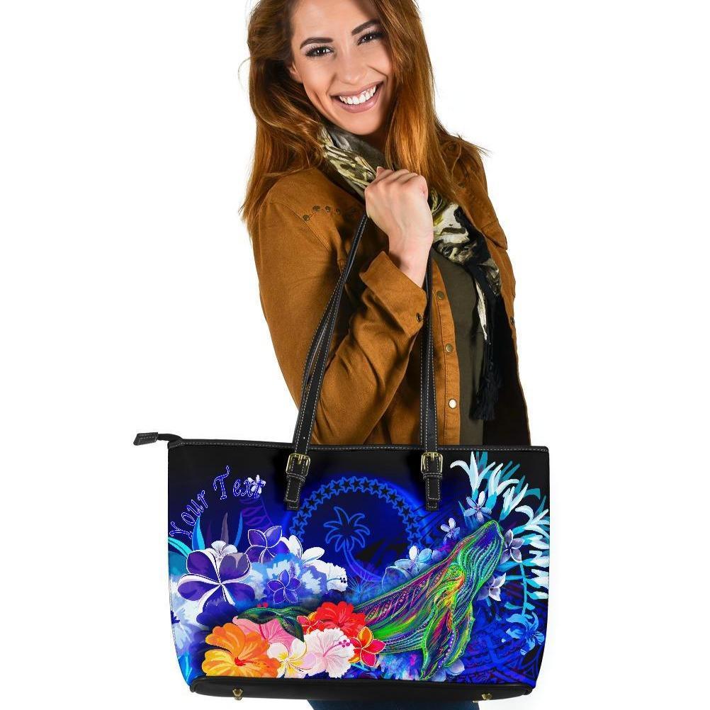 Custom Personalised Chuuk Large Leather Tote Bag - Humpback Whale with Tropical Flowers (Blue) Blue - Polynesian Pride