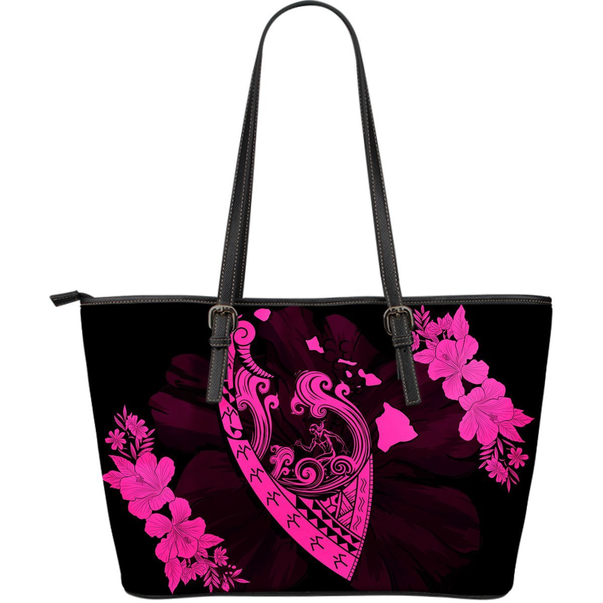 Hawaii Hibiscus Banzai Surfing Large Leather Tote Pink Pink - Polynesian Pride