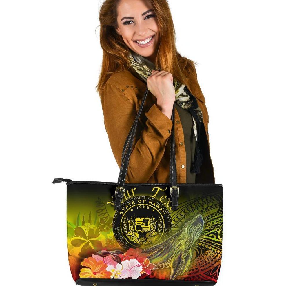 Polynesian Hawaii Custom Personalised Leather Tote Bag - Humpback Whale with Tropical Flowers (Yellow) Yellow - Polynesian Pride