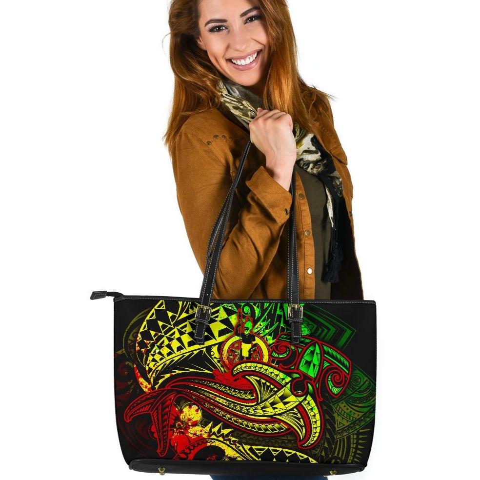 Vanuatu Polynesian Leather Tote Bag - Reggae Shark Polynesian Tattoo Reggae - Polynesian Pride