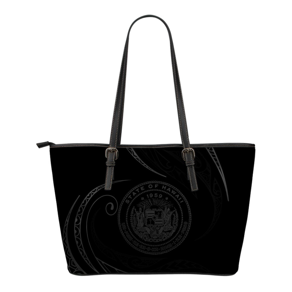 Hawaii Coat Of Arms Small Leather Tote - Gray - Frida Style Black - Polynesian Pride