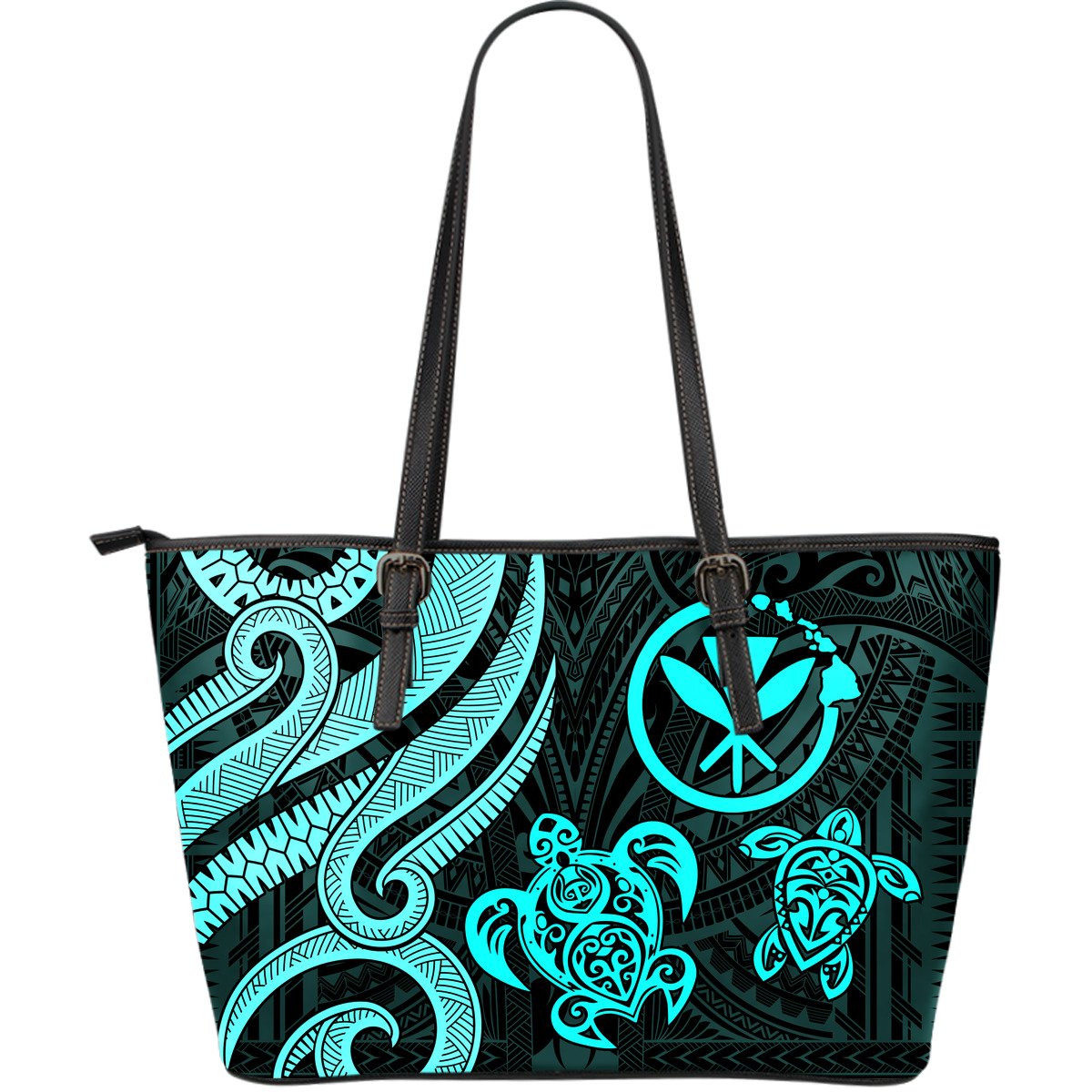 Polynesian Hawaii (Kanaka Maoli) Large Leather Tote Bag - Turquoise Tentacle Turtle Blue - Polynesian Pride