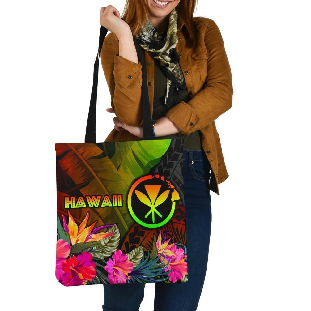 Polynesian Hawaii Kanaka Maoli Polynesian Tote Bags - Hibiscus and Banana Leaves Tote Bag One Size Reggae - Polynesian Pride