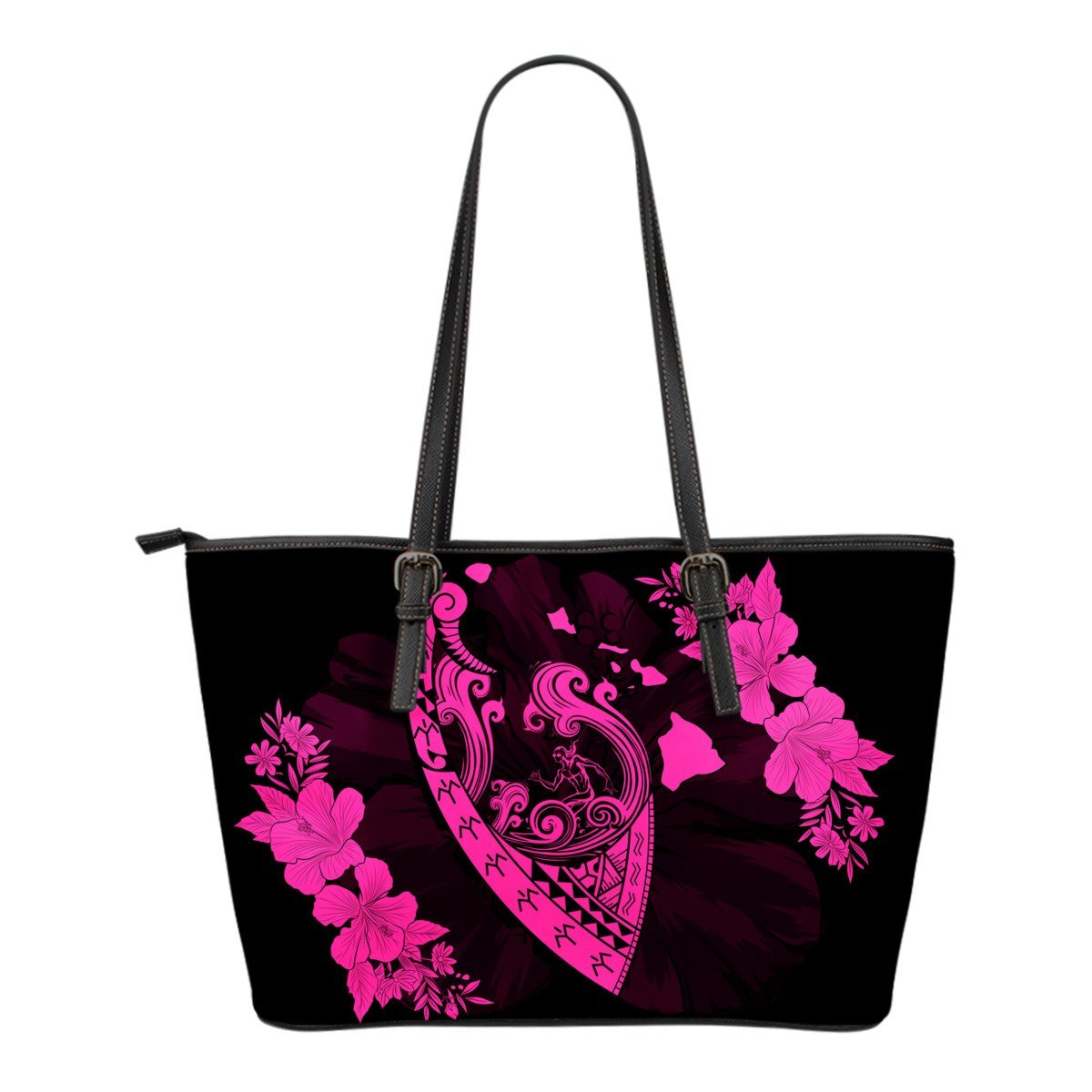 Hawaii Hibiscus Banzai Surfing Small Leather Tote Bag Pink - AH Pink - Polynesian Pride