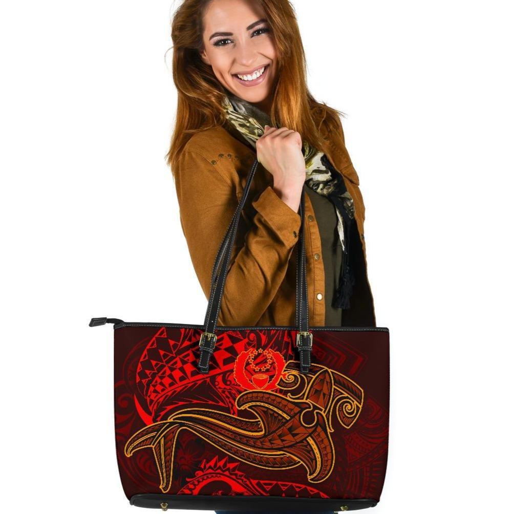 Pohnpei Large Leather Tote - Red Shark Polynesian Tattoo Red - Polynesian Pride