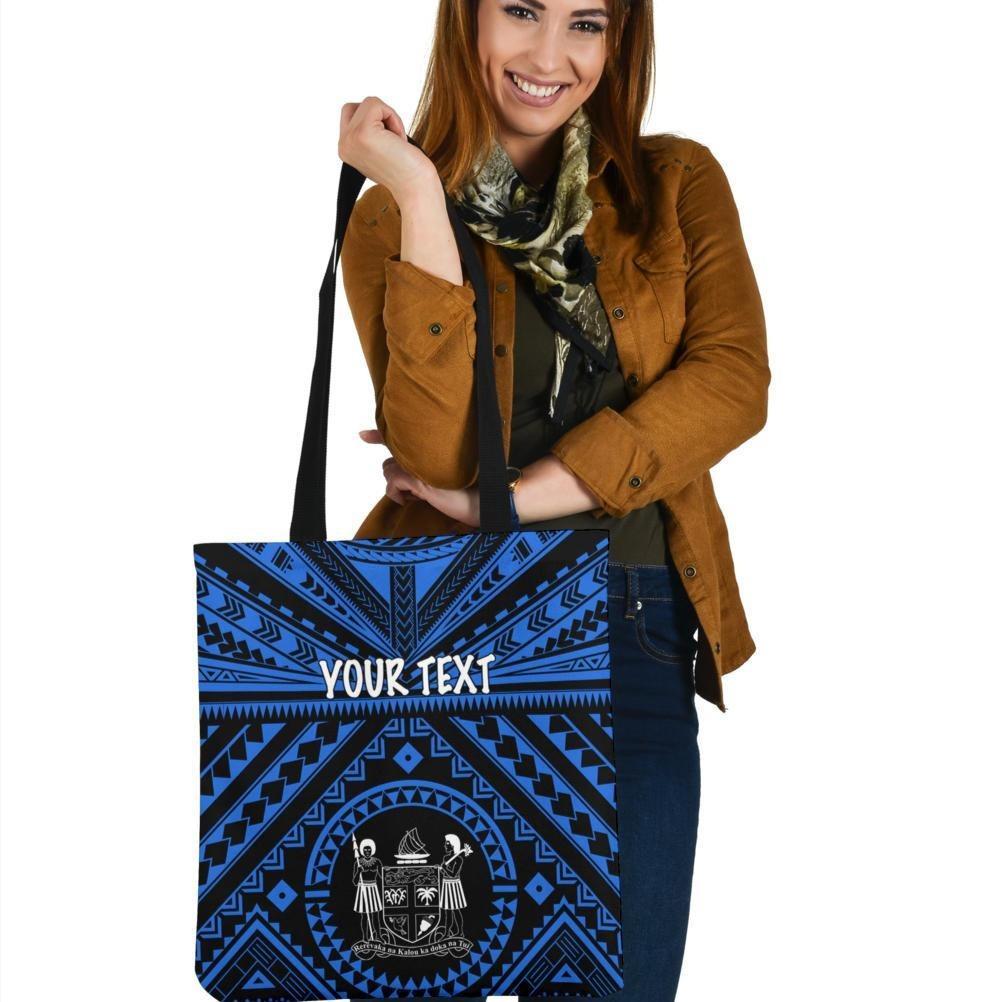 Fiji Personalised Tote Bags - Fiji Seal With Polynesian Tattoo Style ( Blue) Tote Bag One Size Blue - Polynesian Pride