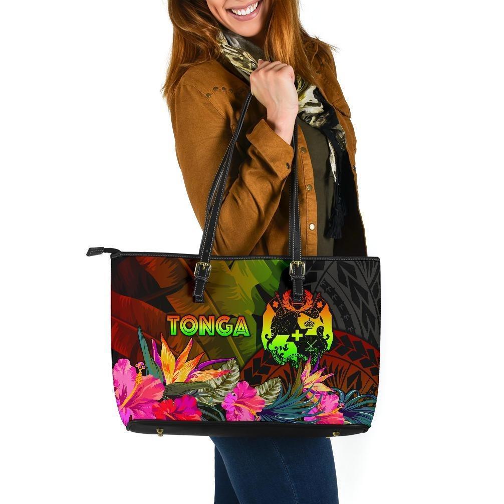 Tonga Polynesian Large Leather Tote Bag - Hibiscus and Banana Leaves One Style - Polynesian Pride