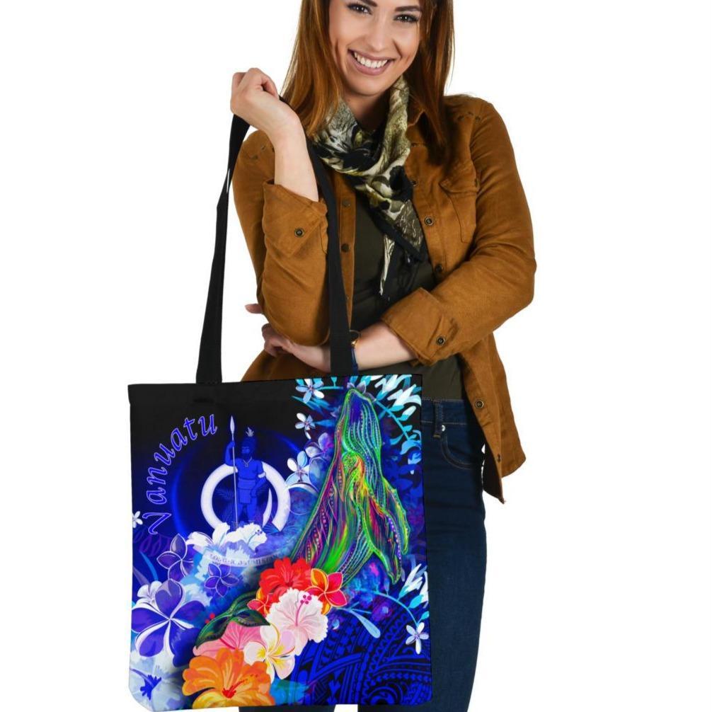Vanuatu Tote Bags - Humpback Whale with Tropical Flowers (Blue) Tote Bag One Size Blue - Polynesian Pride