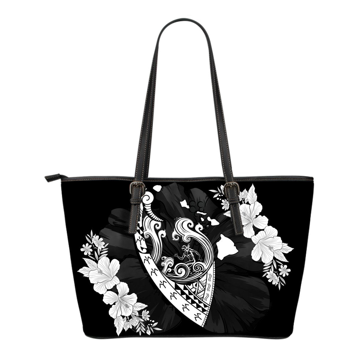 Hawaii Hibiscus Banzai Surfing Small Leather Tote Bag White - Polynesian Pride