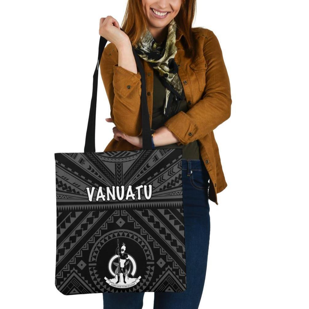 Vanuatu Tote Bags - Vanuatu Seal With Polynesian Tattoo Style Tote Bag One Size Black - Polynesian Pride