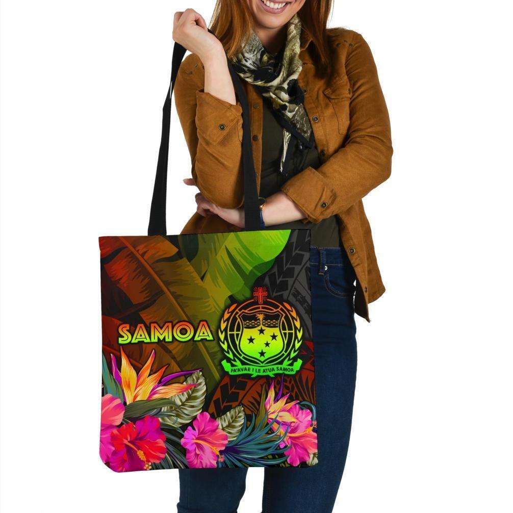 Samoa Polynesian Tote Bags - Hibiscus and Banana Leaves Tote Bag One Size Reggae - Polynesian Pride