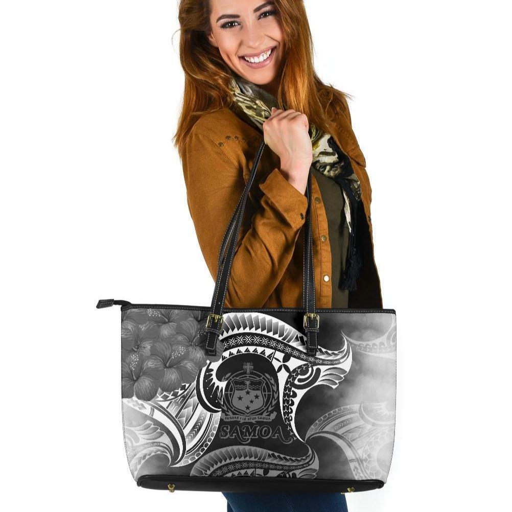 Samoa Large Leather Tote Bag - Samoa Seal Wave Style (Black) Black - Polynesian Pride