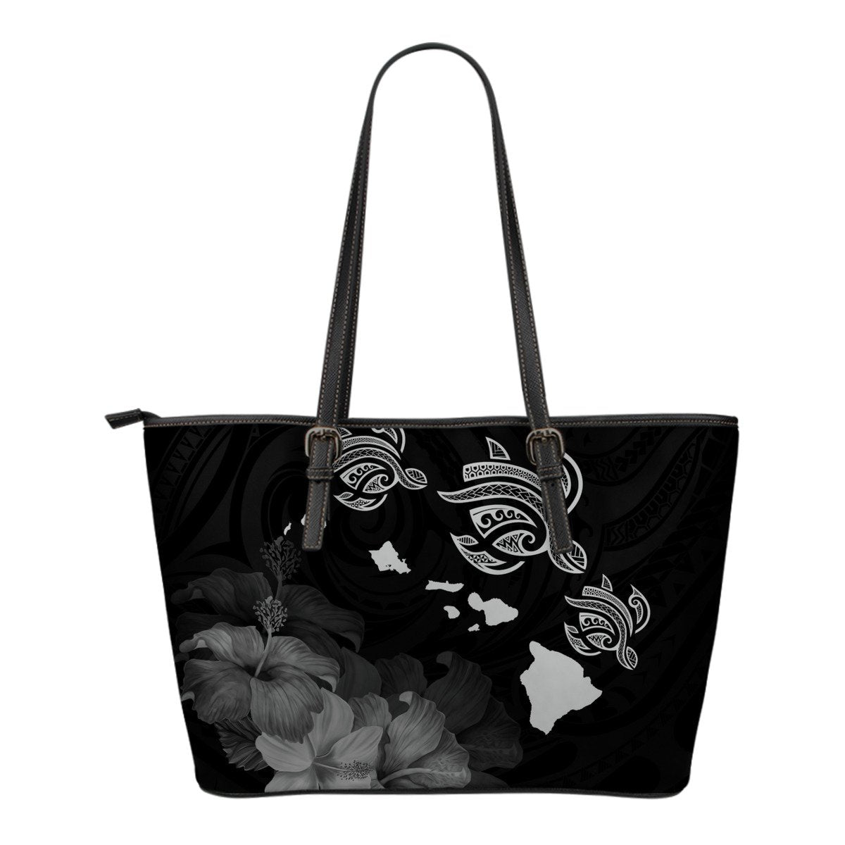 Hawaii Hibiscus Map Polynesian Ancient Gray Turtle Small Leather Tote Gray - Polynesian Pride