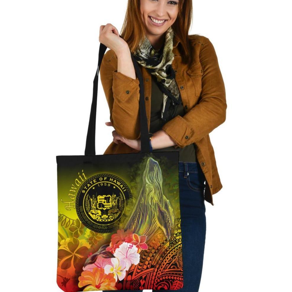 Polynesian Hawaii Tote Bags - Humpback Whale with Tropical Flowers (Yellow) Tote Bag One Size Yellow - Polynesian Pride