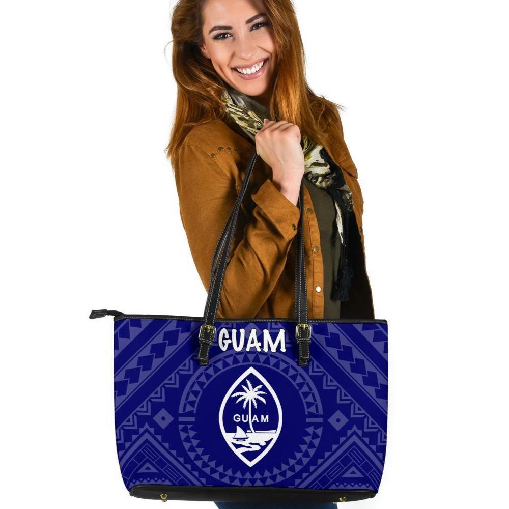 Guam Leather Tote Bag - Guam Seal With Polynesian Tattoo Style (Blue) Blue - Polynesian Pride