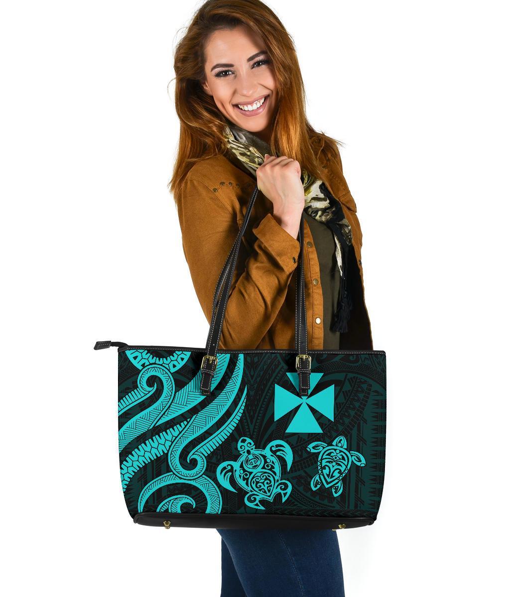 Wallis and Futuna Large Leather Tote - Turquoise Tentacle Turtle Turquoise - Polynesian Pride