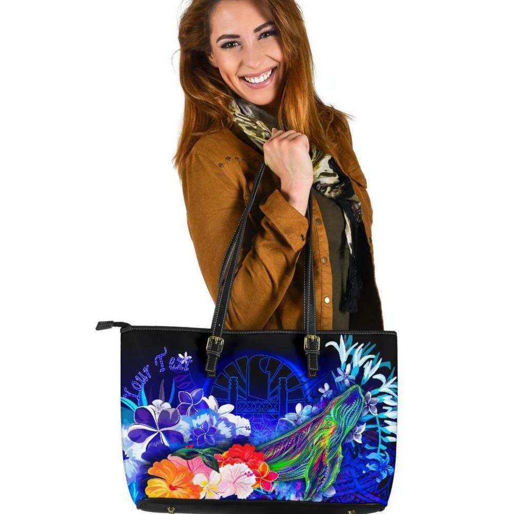 Tahiti Custom Personalised Leather Tote Bag - Humpback Whale with Tropical Flowers (Blue) Blue - Polynesian Pride