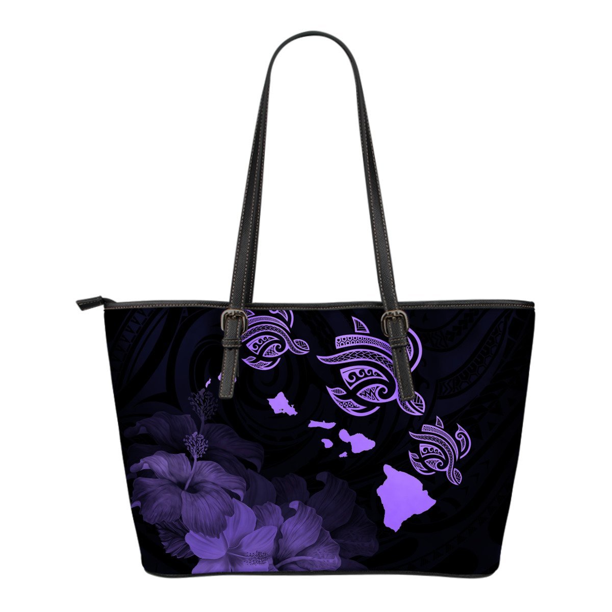 Hawaii Hibiscus Map Polynesian Ancient Violet Turtle Small Leather Tote Violet - Polynesian Pride