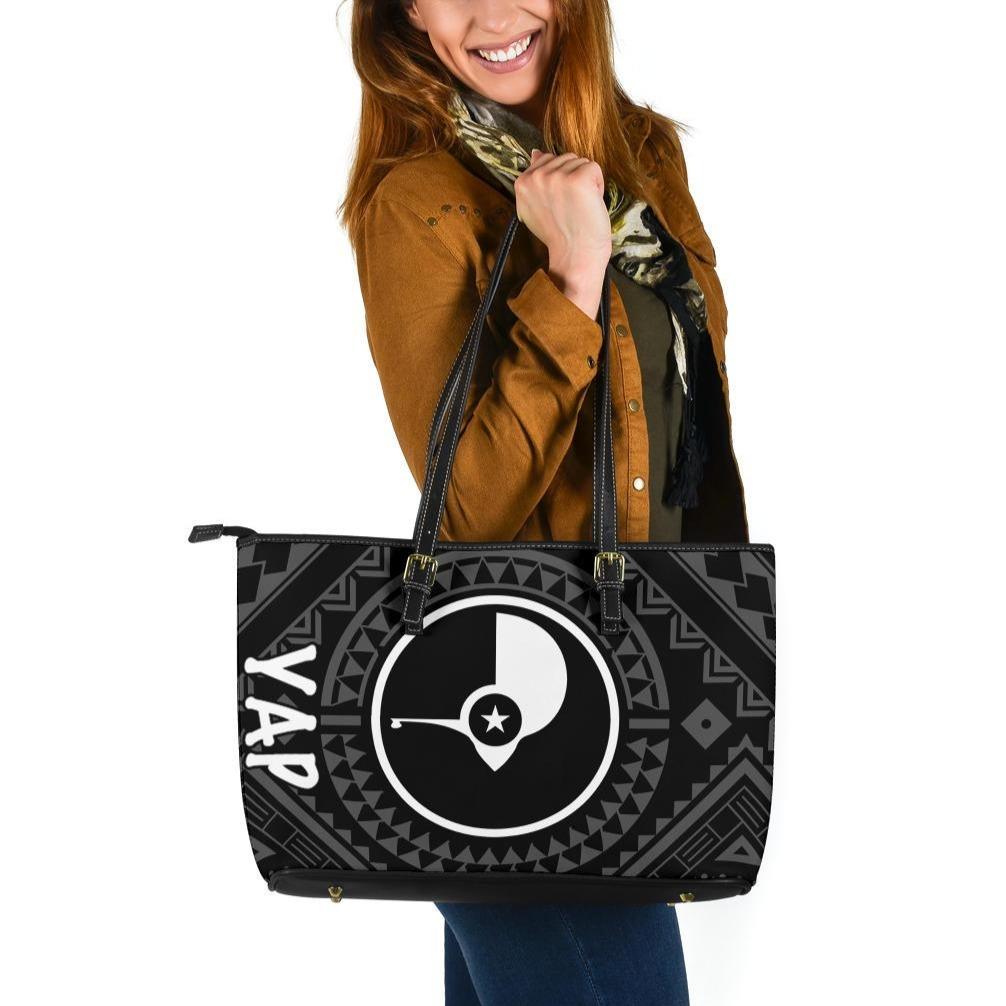 Yap Large Leather Tote Bag - Yap Seal With Polynesian Tattoo Style Black - Polynesian Pride