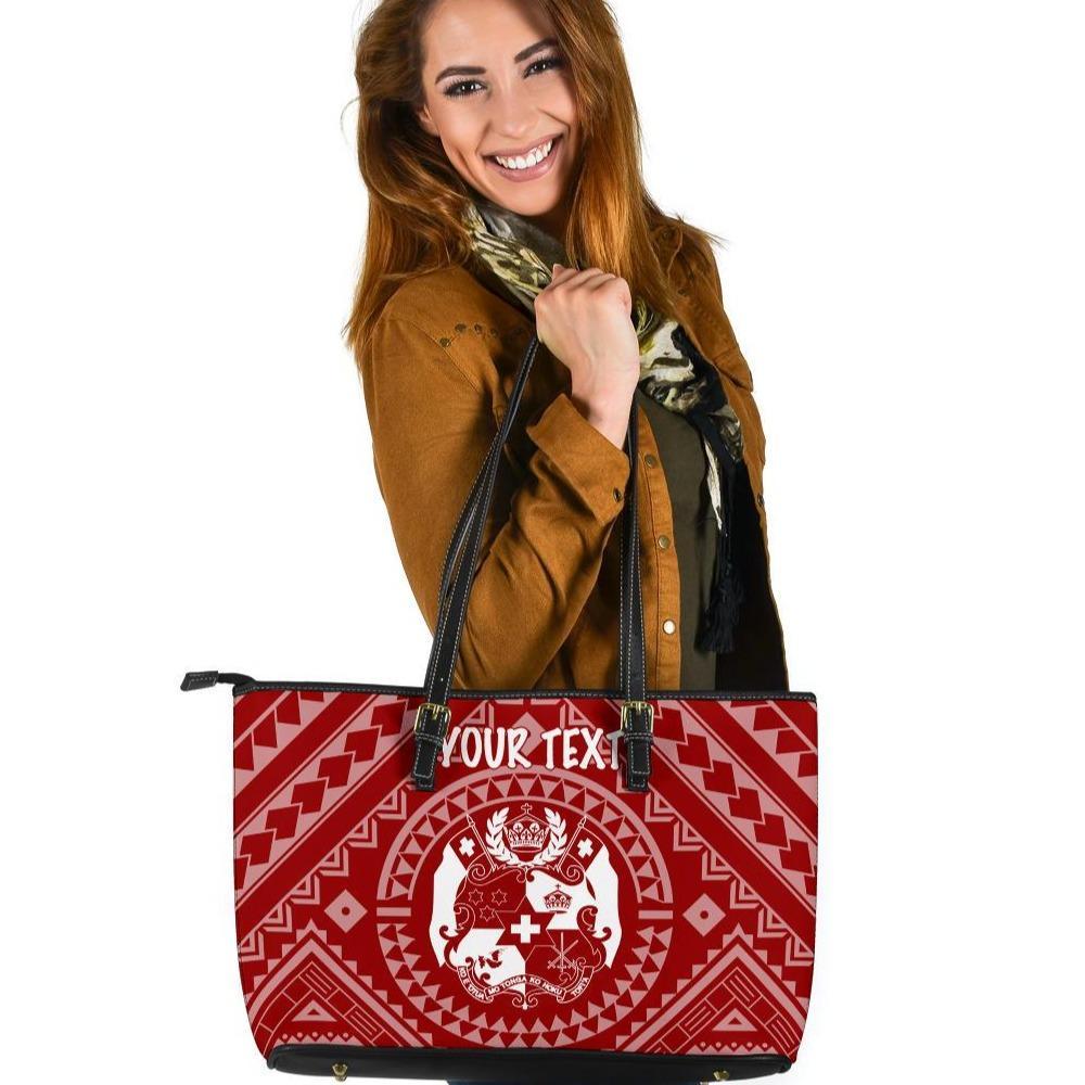 Tonga Personalised Leather Tote Bag - Tonga Seal With Polynesian Tattoo Style (Red) Red - Polynesian Pride